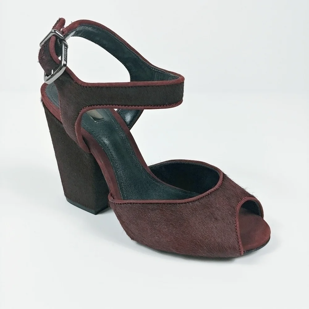 Schutz Peep Toe Pony Hair Chunky Block Heel Size 6 Ankle Strap Burgundy